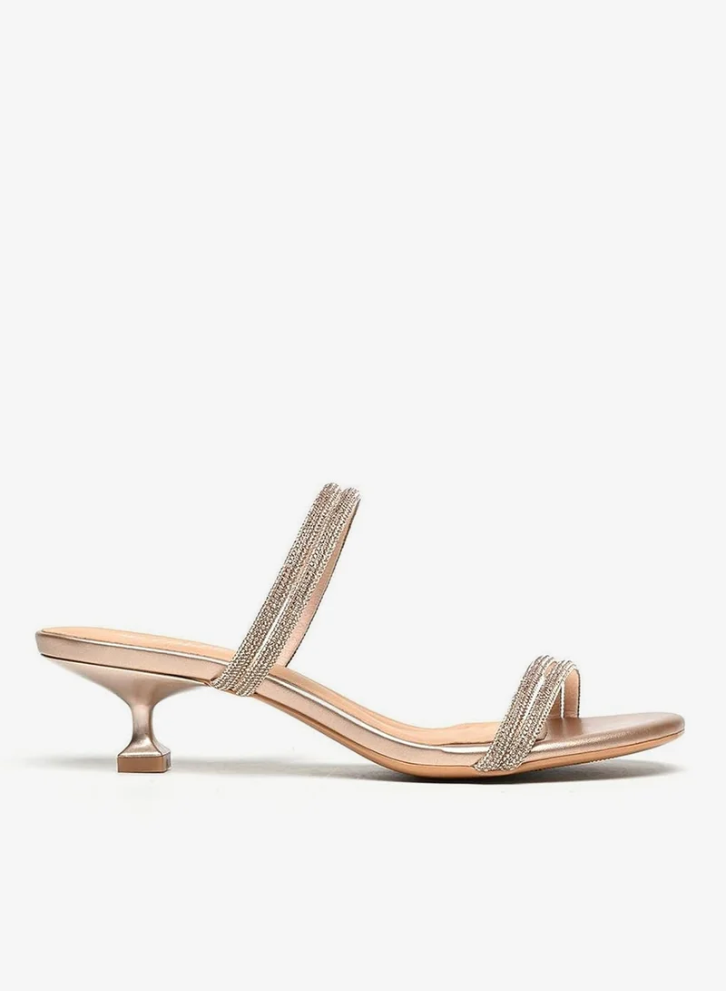 كابلي حذاء كعب مفتوح ذهبي وردي مرصّع بالكريستال