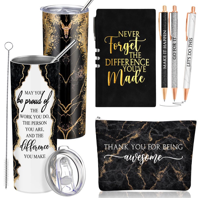 Domensi 6 Pcs Employee Appreciation Gift Set for Women Female Thank You Gift May You Be Proud 20 oz Rustic Blue Marble Sign Tumbler Makeup Bag Journal for Teacher Nurse Lady Work BusinessBlack