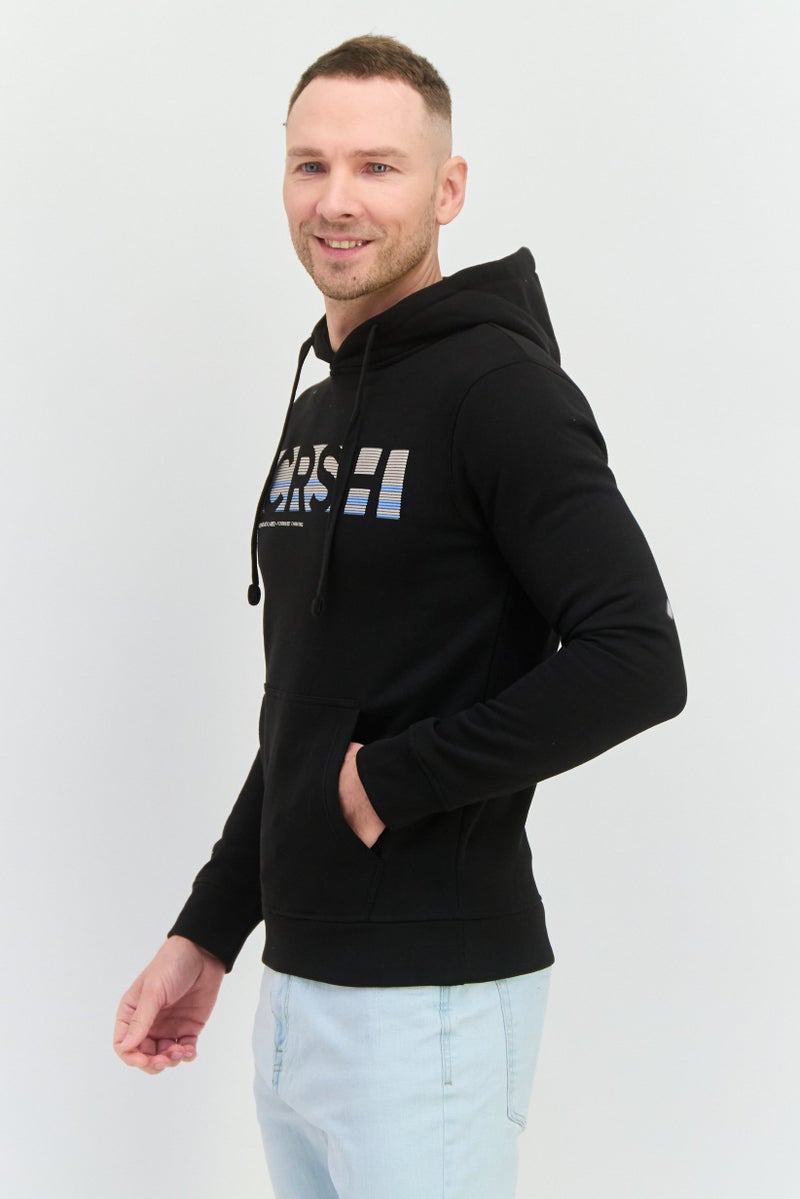 CROSSHATCH Men Hooded Brand Logo Long Sleeve Sweatshirt, Black  - Image 2
