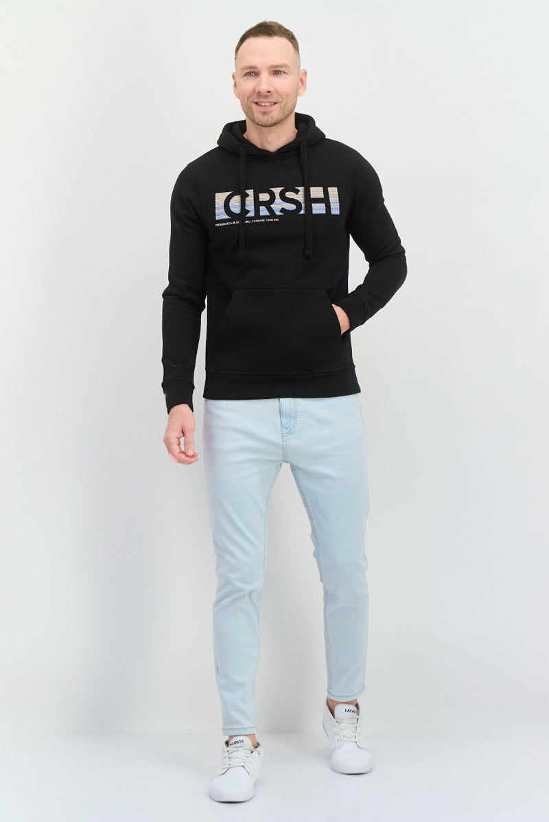 CROSSHATCH Men Hooded Brand Logo Long Sleeve Sweatshirt, Black  - Image 4