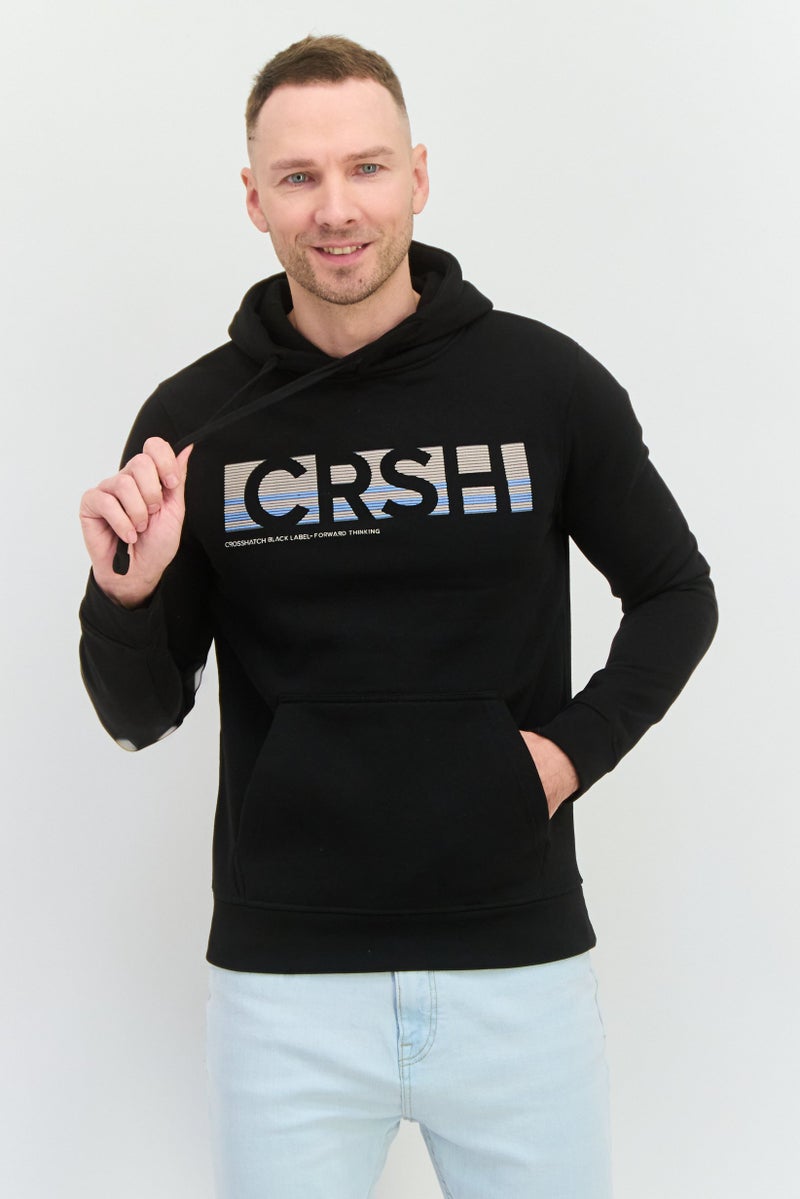 CROSSHATCH Men Hooded Brand Logo Long Sleeve Sweatshirt, Black  - Image 1