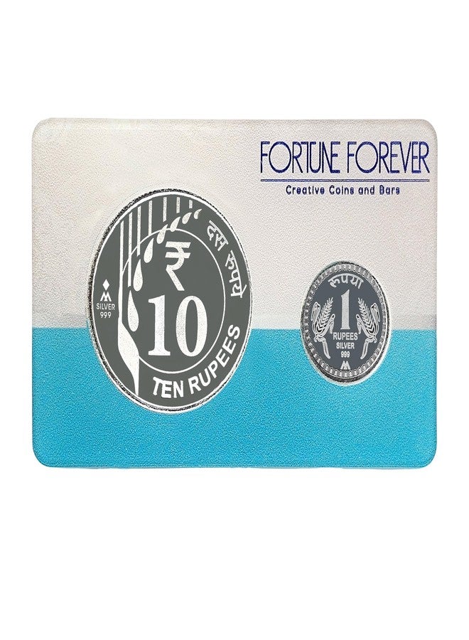 FORTUNE FOREVER مجموعة عملات "فورتشن فور إيفر" الفضية الخالصة من فئة 11 روبية، طراز "غيارا روبيا شاغون"، مع بطاقة أكريليك فاخرة جاهزة للإهداء، تحمل علامة الجودة BIS، مثالية لتقديمها كهدية في المناسبات السعيدة (نقاء 999) (11 غرام من الفضة). - Image 1