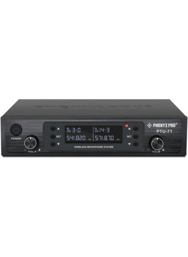 Phenyx Pro نظام ميكروفون لاسلكي مزدوج UHF من فينيكس برو PTU-71-2B، وظيفة المسح التلقائي، مخرجان XLR، مدى تشغيل يصل إلى 100 متر، قابل للتركيب في رف، عمر بطارية 8 ساعات، أسود | PTU-71-2B - Image 3