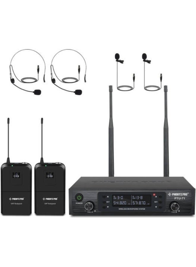 Phenyx Pro نظام ميكروفون لاسلكي مزدوج UHF من فينيكس برو PTU-71-2B، وظيفة المسح التلقائي، مخرجان XLR، مدى تشغيل يصل إلى 100 متر، قابل للتركيب في رف، عمر بطارية 8 ساعات، أسود | PTU-71-2B - Image 1