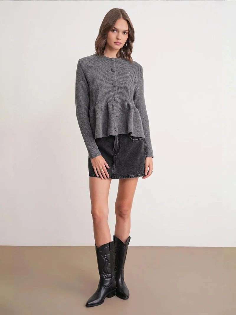 MixRay Mixray Frilly Knitwear Cardigan with Crew Neck