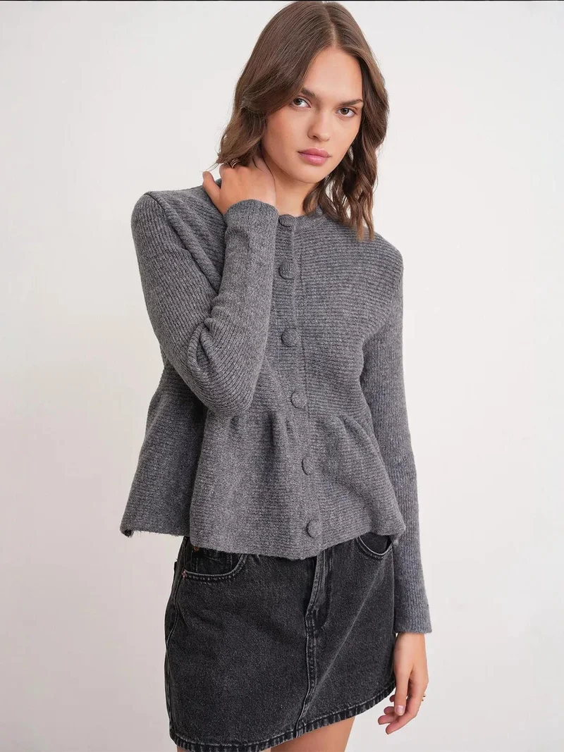 MixRay Mixray Frilly Knitwear Cardigan with Crew Neck