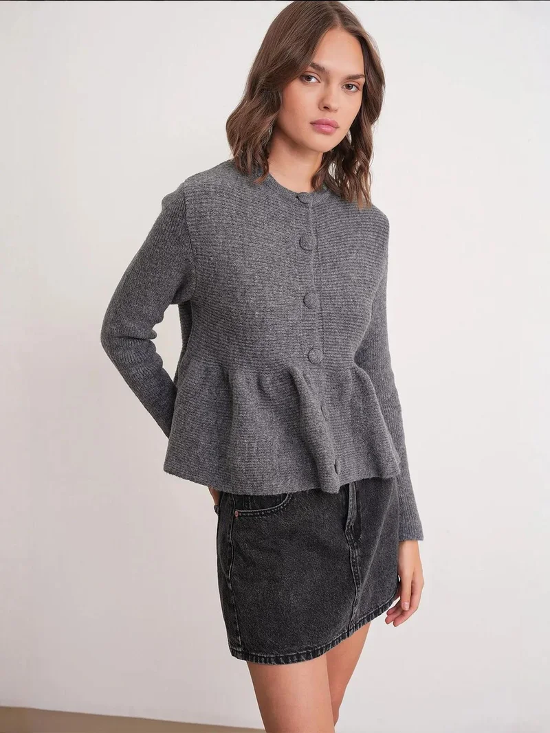 Mixray Dark Grey Mixray Frilly Knitwear Cardigan with Crew Neck for Women | Best Price UAE