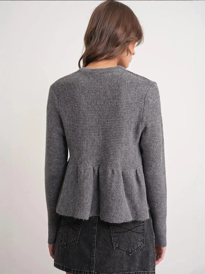Mixray Dark Grey Mixray Frilly Knitwear Cardigan with Crew Neck for Women | Best Price UAE