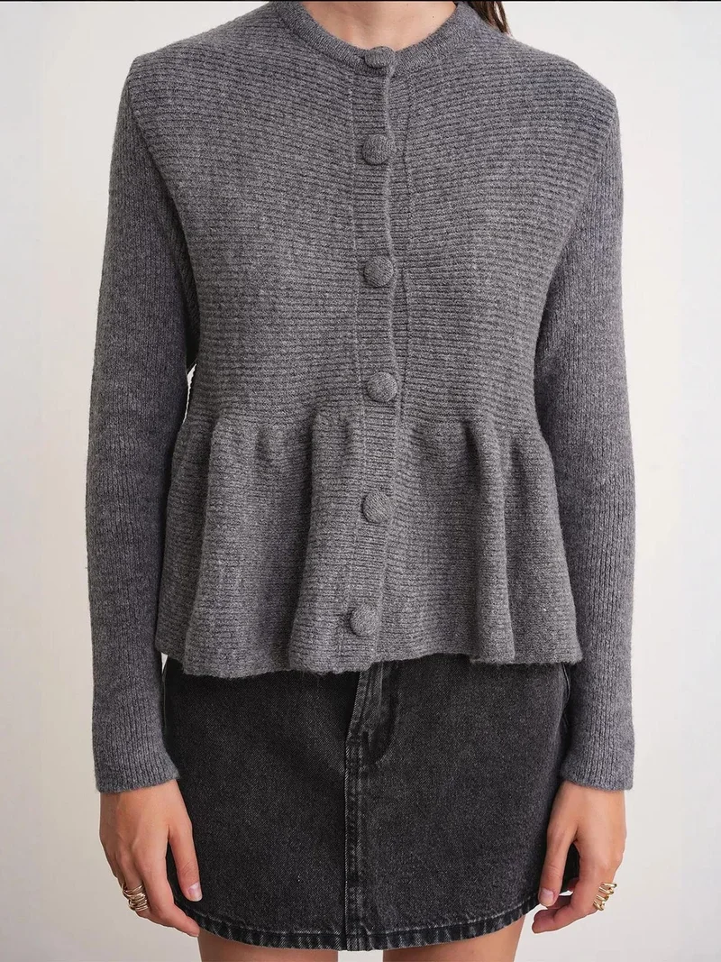 Mixray Dark Grey Mixray Frilly Knitwear Cardigan with Crew Neck for Women | Best Price UAE