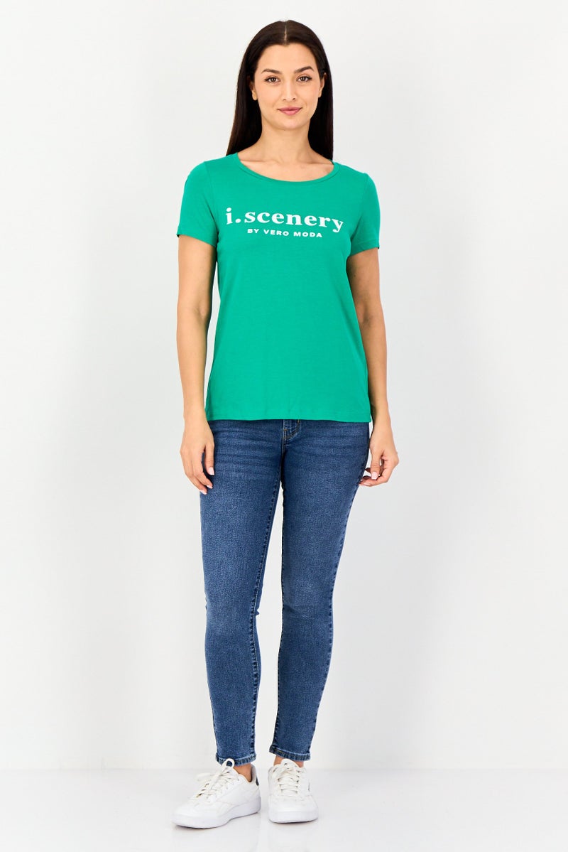 VERO MODA تي شيرت نسائي بياقة دائرية بأكمام قصيرة بشعار العلامة التجارية، أخضر - Image 3