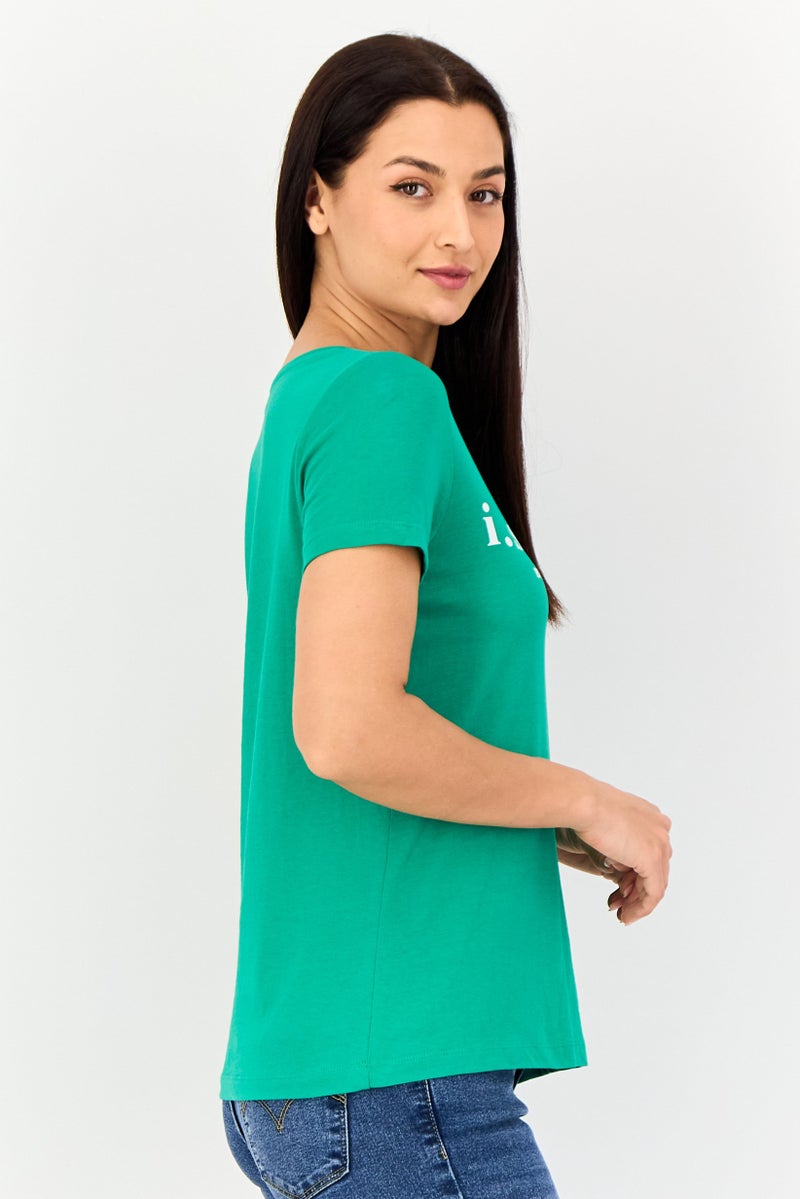 VERO MODA تي شيرت نسائي بياقة دائرية بأكمام قصيرة بشعار العلامة التجارية، أخضر - Image 4