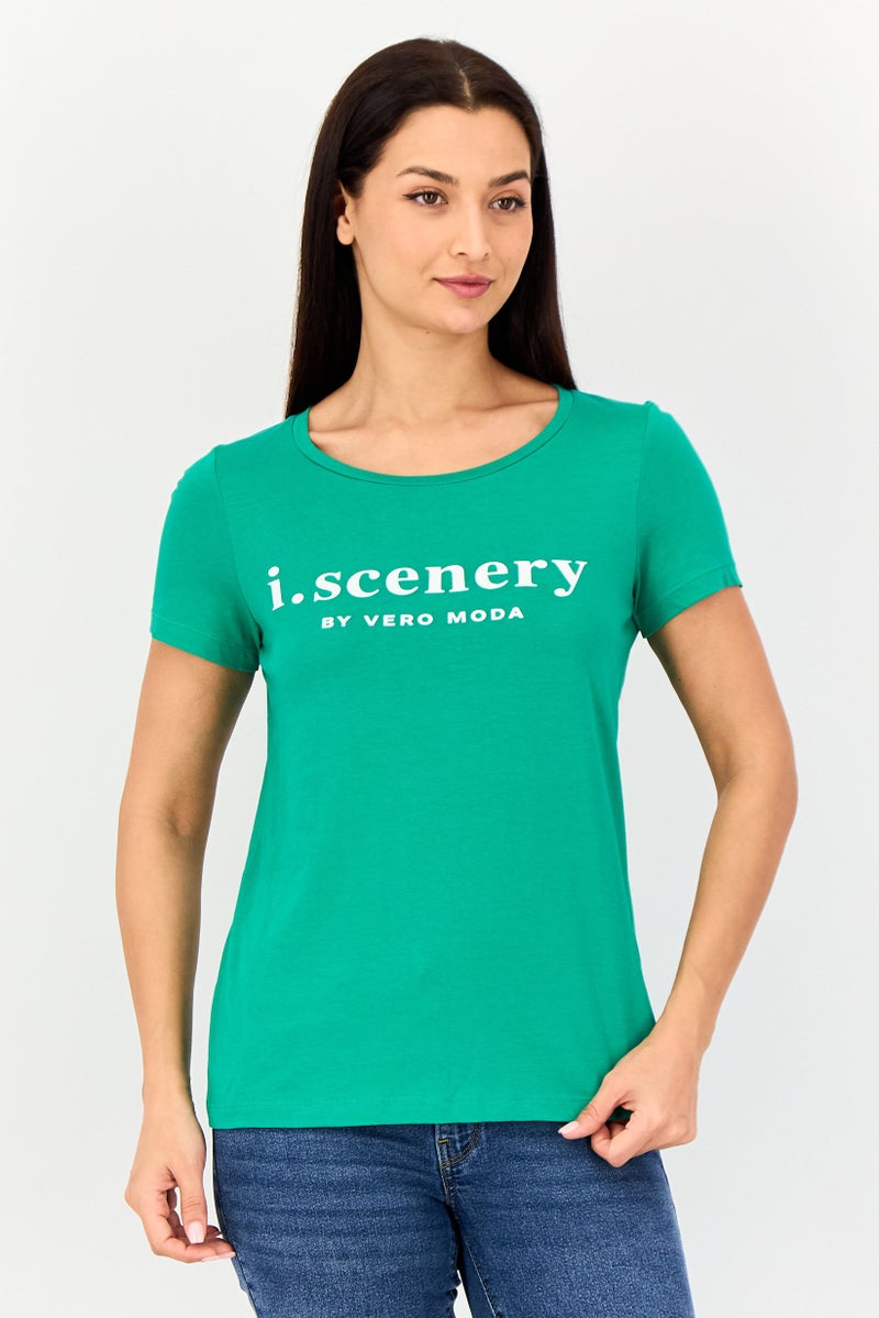 VERO MODA تي شيرت نسائي بياقة دائرية بأكمام قصيرة بشعار العلامة التجارية، أخضر - Image 1