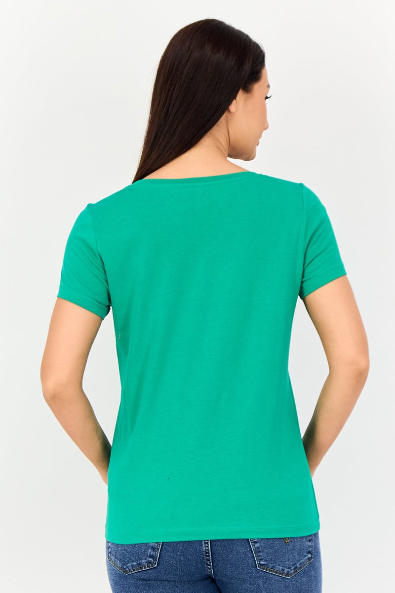 VERO MODA تي شيرت نسائي بياقة دائرية بأكمام قصيرة بشعار العلامة التجارية، أخضر - Image 2