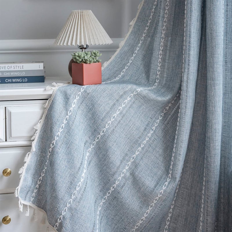 ColorBird Boho Curtains for Living Room 2 Panels 63 inch Blue Darkening Drapes Embroidered Striped Farmhouse Sliding Door Vintage Bohemian Curtain for Bedroom