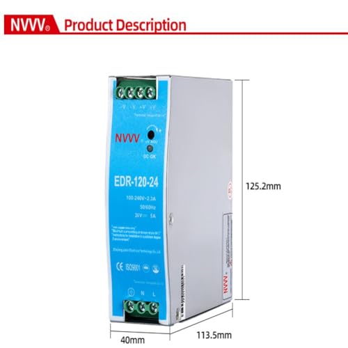NVVV EDR-120-24 120W 24VDC 5Amp Industrial DIN Rail Power Supplies (24V 120W), Silver - Image 3
