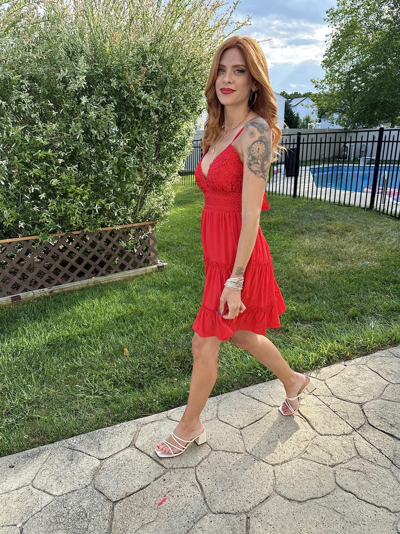 ECOWISH Summer Dresses for Women 2025 V-Neck Spaghetti Strap Bowknot Backless Sleeveless Lace Mini Swing Skater Dress Red Small - Image 5