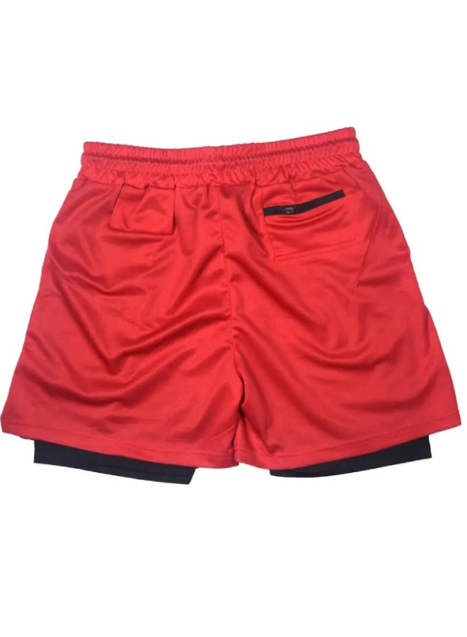 ارواق شورت رياضي رجالي سريع الجفاف مع جيوب - بوليستر ماص للرطوبة، خصر برباط، تصميم بطبعة حروف - مثالي للصالة الرياضية والجري والرياضات الخارجية، أحمر - Image 2