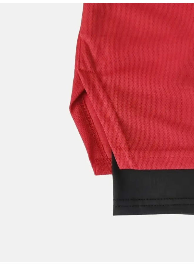 ارواق شورت رياضي رجالي سريع الجفاف مع جيوب - بوليستر ماص للرطوبة، خصر برباط، تصميم بطبعة حروف - مثالي للصالة الرياضية والجري والرياضات الخارجية، أحمر - Image 4