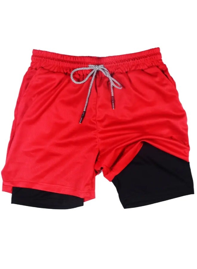 ارواق شورت رياضي رجالي سريع الجفاف مع جيوب - بوليستر ماص للرطوبة، خصر برباط، تصميم بطبعة حروف - مثالي للصالة الرياضية والجري والرياضات الخارجية، أحمر - Image 5