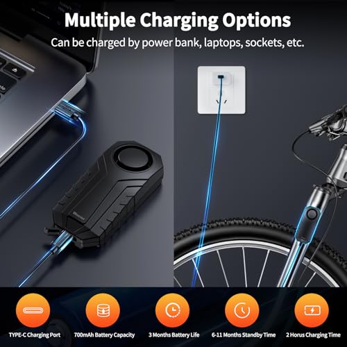 WSDCAM Wireless Bike Alarm with Remote, Rechargeable 113dB Loud Bicycle Alarm System Anti Theft, IP65 Waterproof, Bike Alarms for E-Bikes, Motorcycles, Scooter, Outdoor Riding and Cycling Safety - Image 4