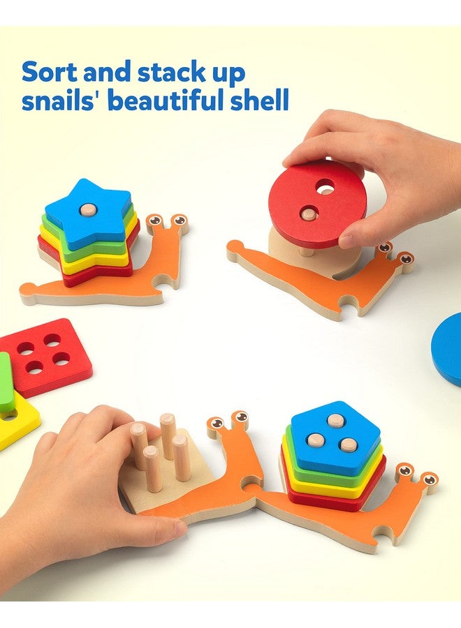 Montessori Toy For Toddler Wooden Snail Stacking Sorter Set Geometric Color Shape Block Fine Motor Skill Preschool Educational Learning Gift For 2 3 4 Year Old