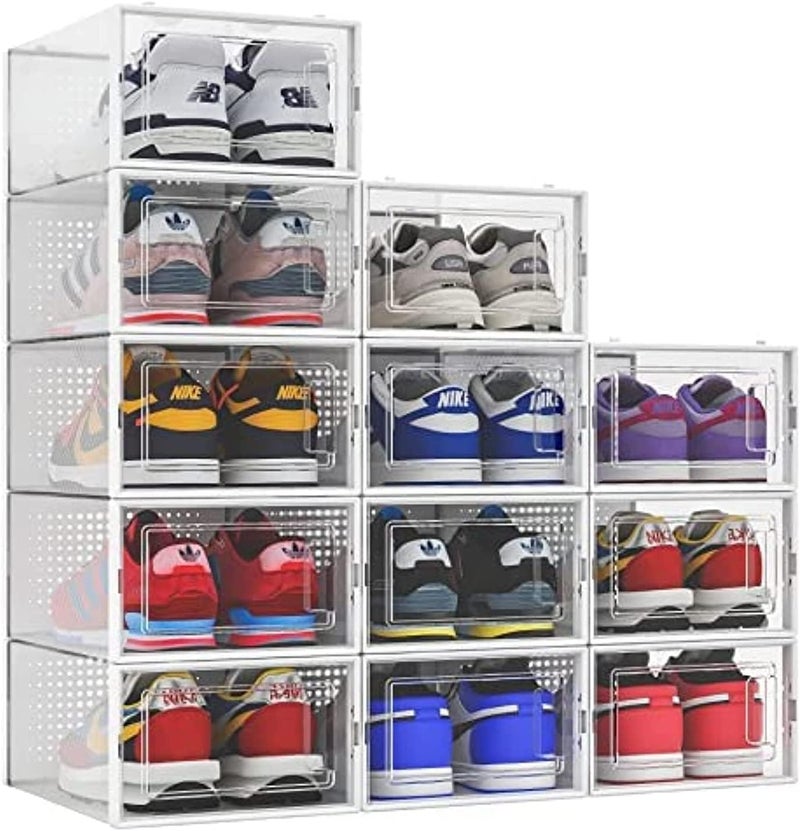 Seseno 12 Pack Shoe Organizer Storage Bins Clear Plastic Stackable Shoe Boxes for Closet, Space Saving Foldable Shoe Storage Case, Sneaker Storage Shoe Box Container - Image 1