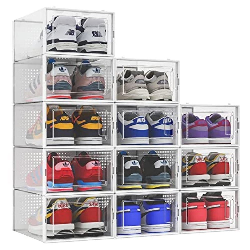 Seseno 12 Pack Shoe Organizer Storage Bins Clear Plastic Stackable Shoe Boxes for Closet, Space Saving Foldable Shoe Storage Case, Sneaker Storage Shoe Box Container - Image 4
