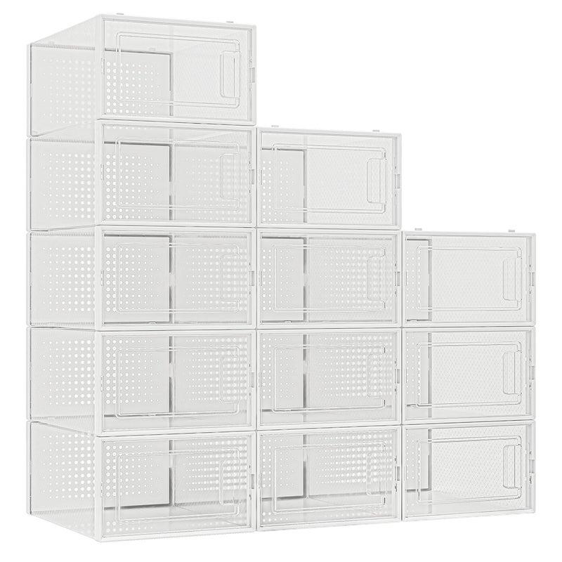 Seseno 12 Pack Shoe Organizer Storage Bins Clear Plastic Stackable Shoe Boxes for Closet, Space Saving Foldable Shoe Storage Case, Sneaker Storage Shoe Box Container - Image 2