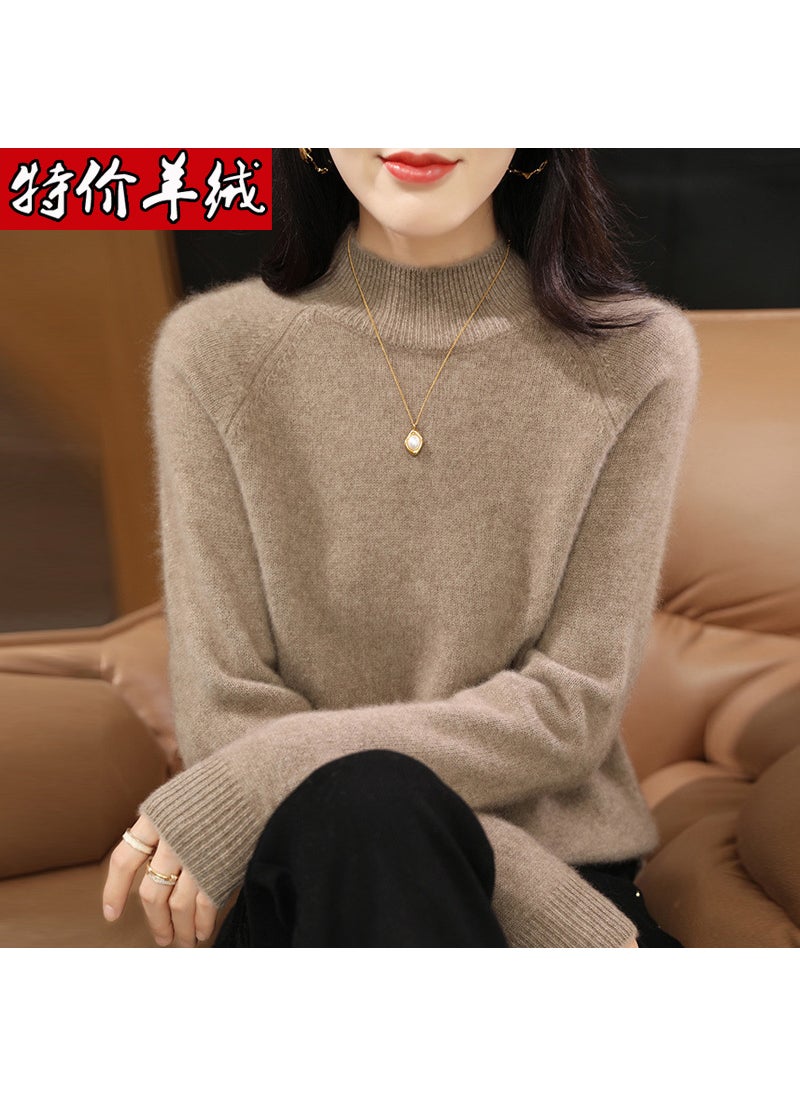 Generic - Autumn/Winter New Womens Half-Polo Turtle Neck Sweater Versatile Knitted Top Pure Wool Base Layer Top Pullover Camel - Image 1