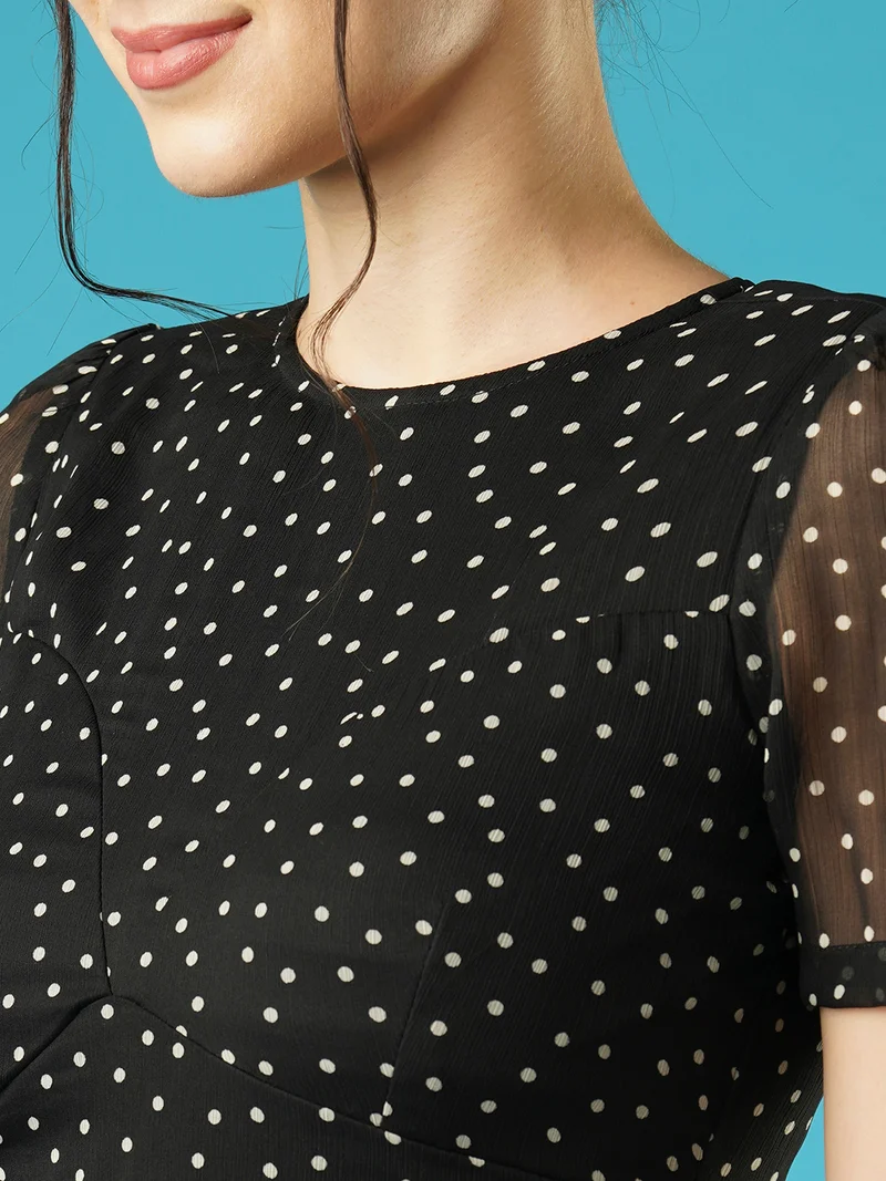 globus Women Polka Dots Round Neck Short Puffed Sleeves Fit & Flare Mini Party Dress