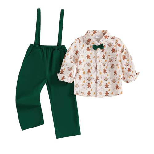 Rourufy Toddler Baby Boy Christmas Outfit Gentleman Gingerbread Shirt Overalls Pants Set Kids Boys Matching Fall Clothes A Gingerbread Green 1824 Months - Image 1