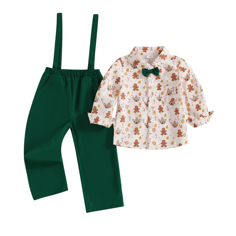 Rourufy Toddler Baby Boy Christmas Outfit Gentleman Gingerbread Shirt Overalls Pants Set Kids Boys Matching Fall Clothes A Gingerbread Green 1824 Months - Image 2