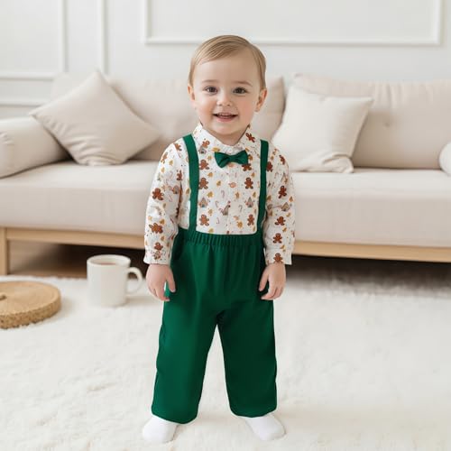 Rourufy Toddler Baby Boy Christmas Outfit Gentleman Gingerbread Shirt Overalls Pants Set Kids Boys Matching Fall Clothes A Gingerbread Green 1824 Months - Image 3