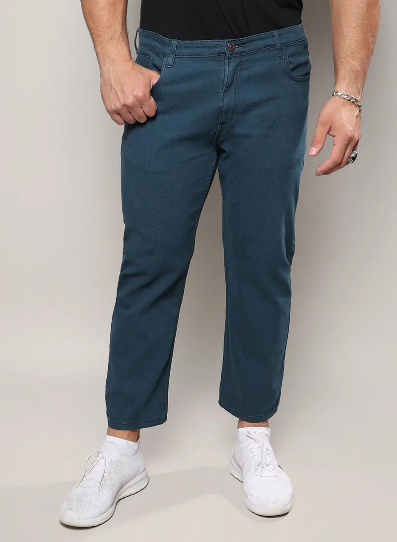 Instafab Plus Instafab Plus Men's Prussian Blue Rolled Hem Denim Jeans For Casual Wear | Dark-Wash | 5 Pockets | Button Closure | Denim Jeans Crafted With Comfort Fit For Everyday Wear