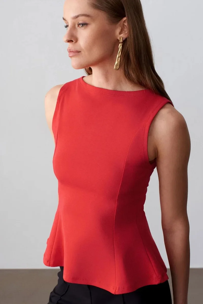 Dilvin Red DILVIN Fitted Sleeveless Peplum Blouse for Women | Best Price UAE