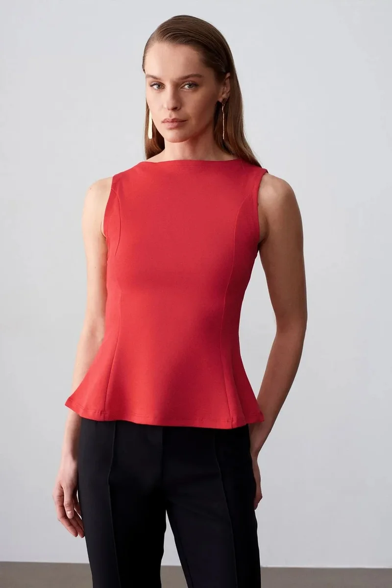 Dilvin Red DILVIN Fitted Sleeveless Peplum Blouse for Women | Best Price UAE