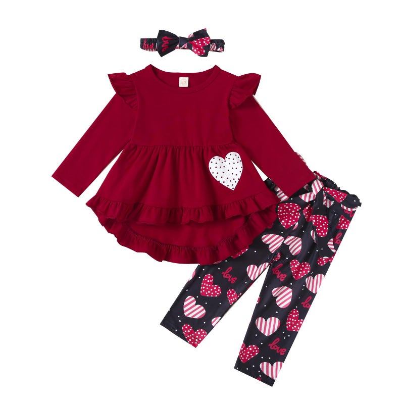 Noubeau Toddler Baby Girl Valentine's Day Clothes Ruffle Sleeve Boho Shirt Dress Heart Pant Set 3Pcs Spring Outfits(Heart b,2-3 Years) - Image 1