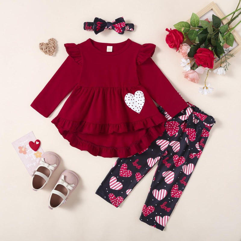 Noubeau Toddler Baby Girl Valentine's Day Clothes Ruffle Sleeve Boho Shirt Dress Heart Pant Set 3Pcs Spring Outfits(Heart b,2-3 Years) - Image 2