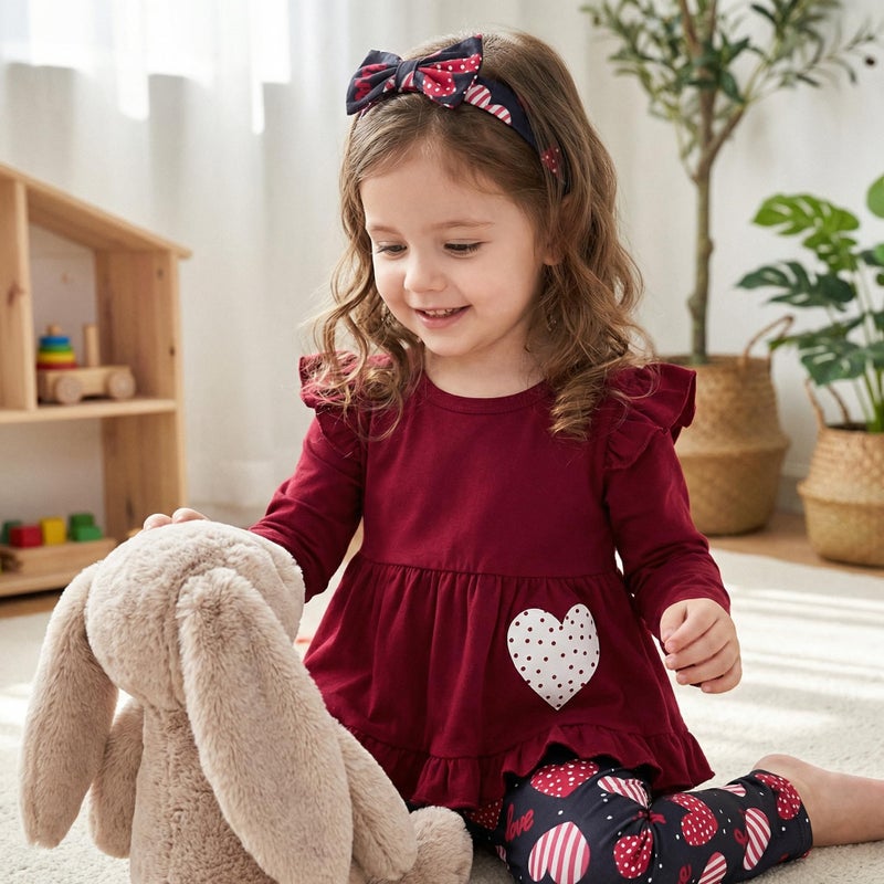Noubeau Toddler Baby Girl Valentine's Day Clothes Ruffle Sleeve Boho Shirt Dress Heart Pant Set 3Pcs Spring Outfits(Heart b,2-3 Years) - Image 4