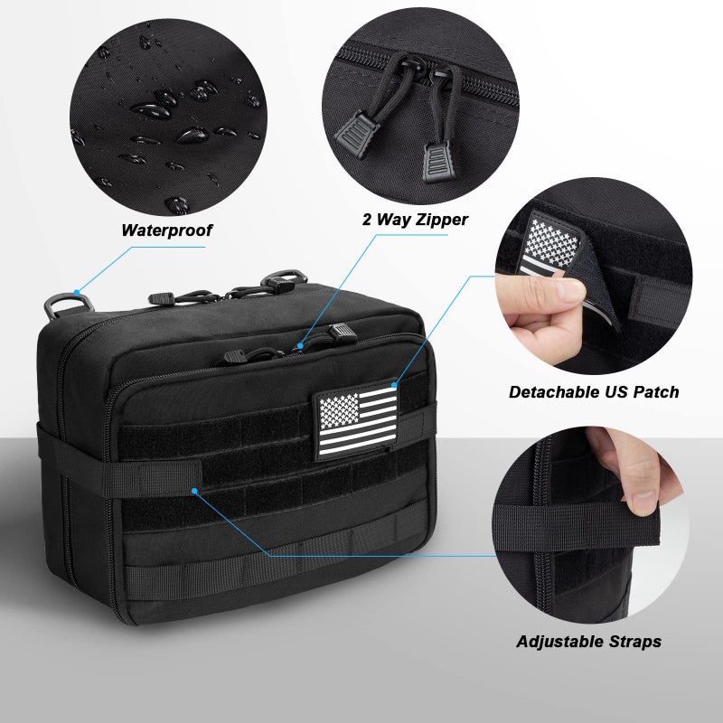 Jueachy Tactical Molle Pouch Admin Bag Utility Tool Pouches Molle Attachment EDC Large Pouches Expandable Molle Accessories Organizer Medical Pocket U.S.A Patch Included Black - Image 3
