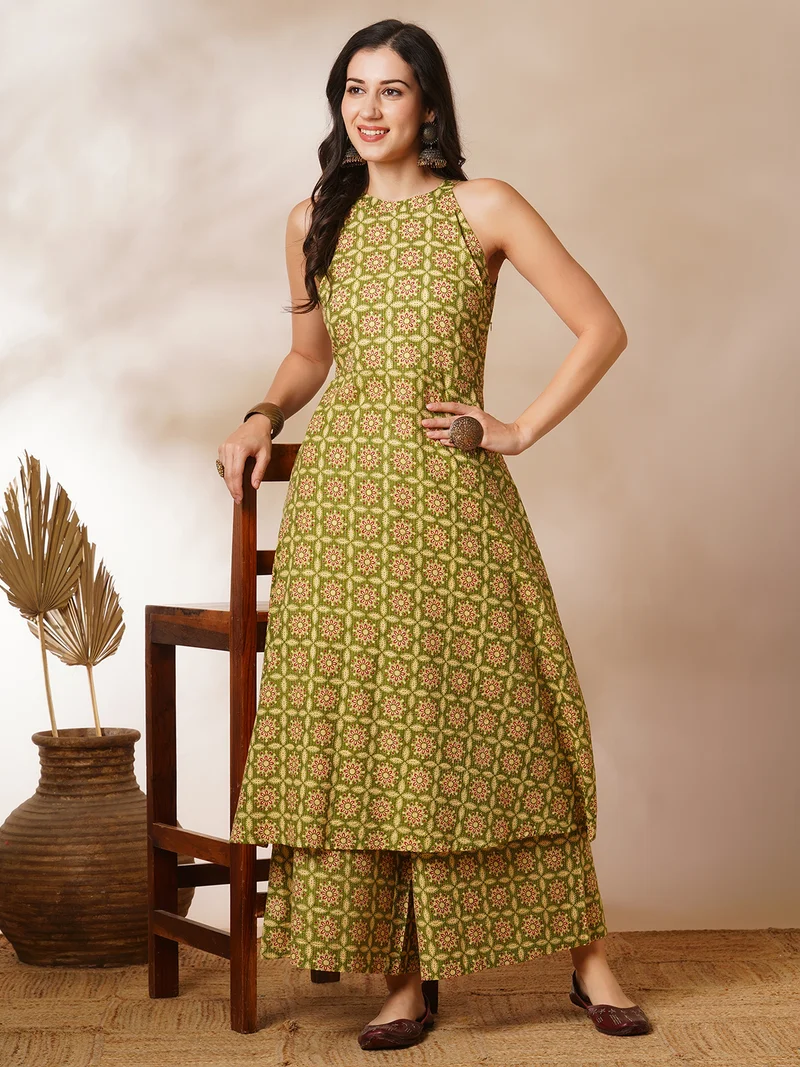 Women Ethnic Motifs Printed Regular Pure Cotton Kurta With Palazzos