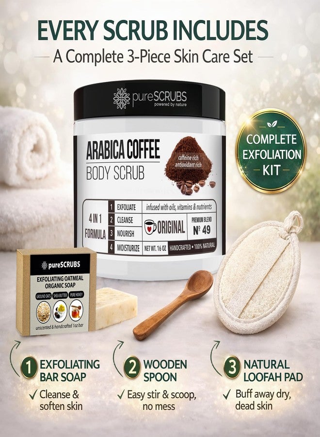 pureSCRUBS Premium Organic Arabica Coffee Body Scrub Set, Skin Smoothing Moisturizing Body Exfoliator - Includes Wooden Spoon, Loofah and Exfoliating Bar Soap - Large 16oz - Image 5