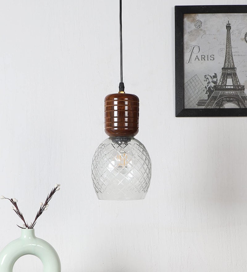 Green House Handmade Sheesham Wood Hanging Pendant Ceiling Jhumar Light | Diamond Cut Glass with E27 Bulb Holder(Bulb not Included) | 1m Adjustable Cord | Home Decor Fancy Lighting | Bedroom, Living Room, Dining Room, Kitchen, Hall - Image 3