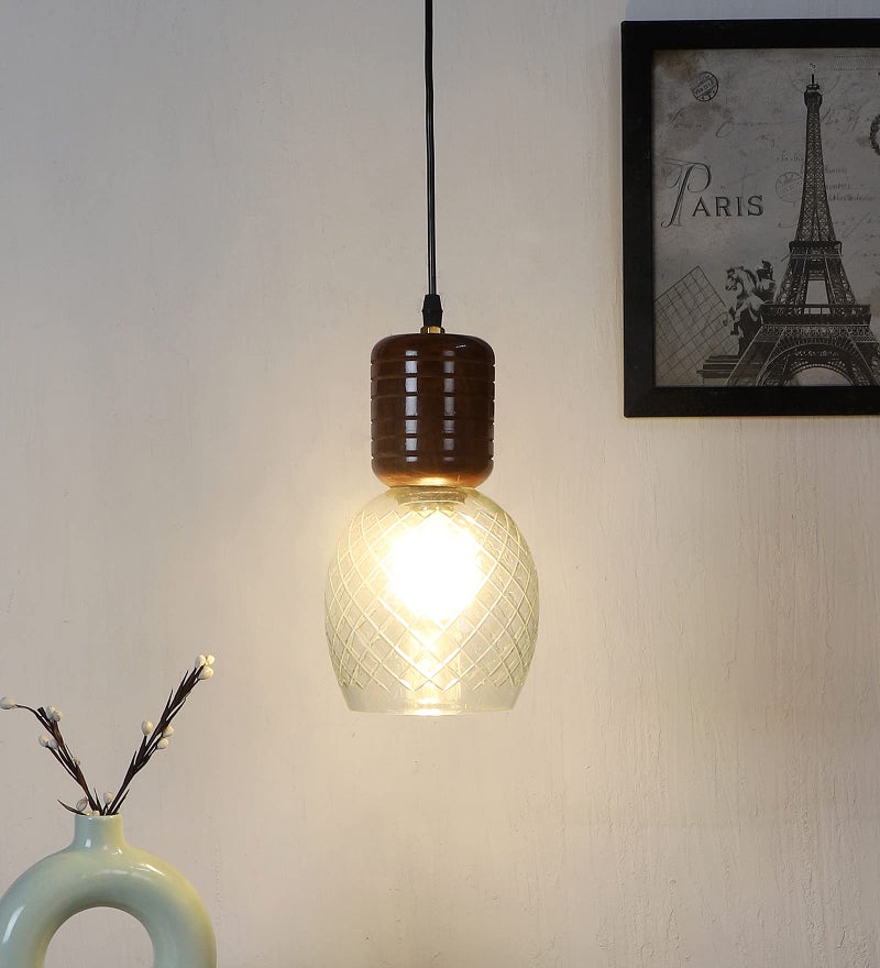 Green House Handmade Sheesham Wood Hanging Pendant Ceiling Jhumar Light | Diamond Cut Glass with E27 Bulb Holder(Bulb not Included) | 1m Adjustable Cord | Home Decor Fancy Lighting | Bedroom, Living Room, Dining Room, Kitchen, Hall - Image 5