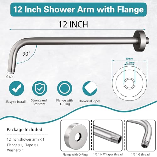 Enoughmen 12 Inch Shower Arm with Flange,Stainless Steel 90 Degree Rain Shower Head Extension Arm,Wall-Mounted Shower Head Arm for Fixed Shower Head,Brushed Nickel - Image 2
