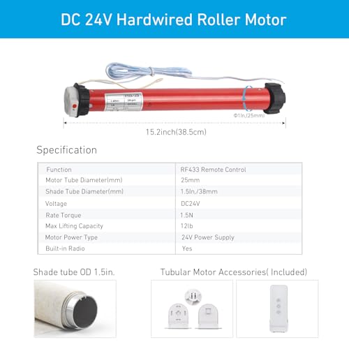 Rollerhouse DIY 24V DC Tubular Roller Blind Motor Kit, EY2524 1.5N·m Smart Shade Motor with Remote Control, ONLY for 1‑1/2" (38mm) Shade Tubes, Requires External 24V Power Adapter, Not Rechargeable - Image 3