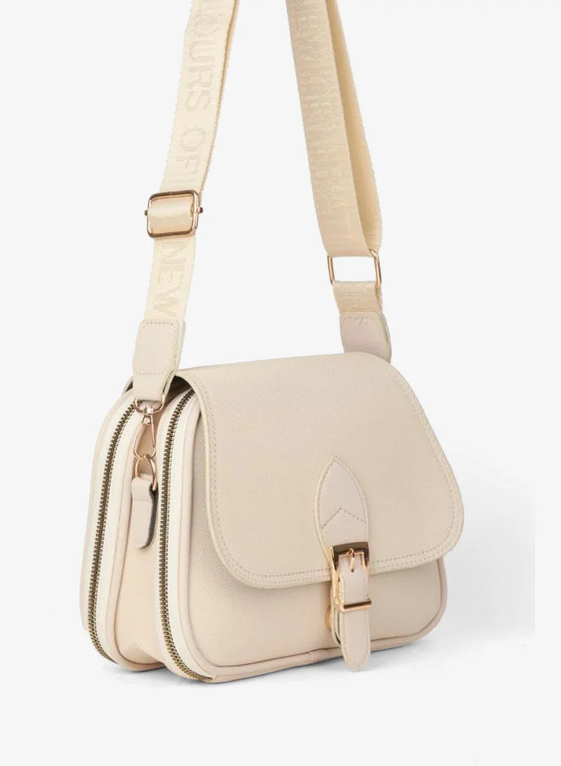 Women's Yonca Cream 4-Pocket Cover Column Strap Zipper and Snap Closure Hand and Shoulder Bag.