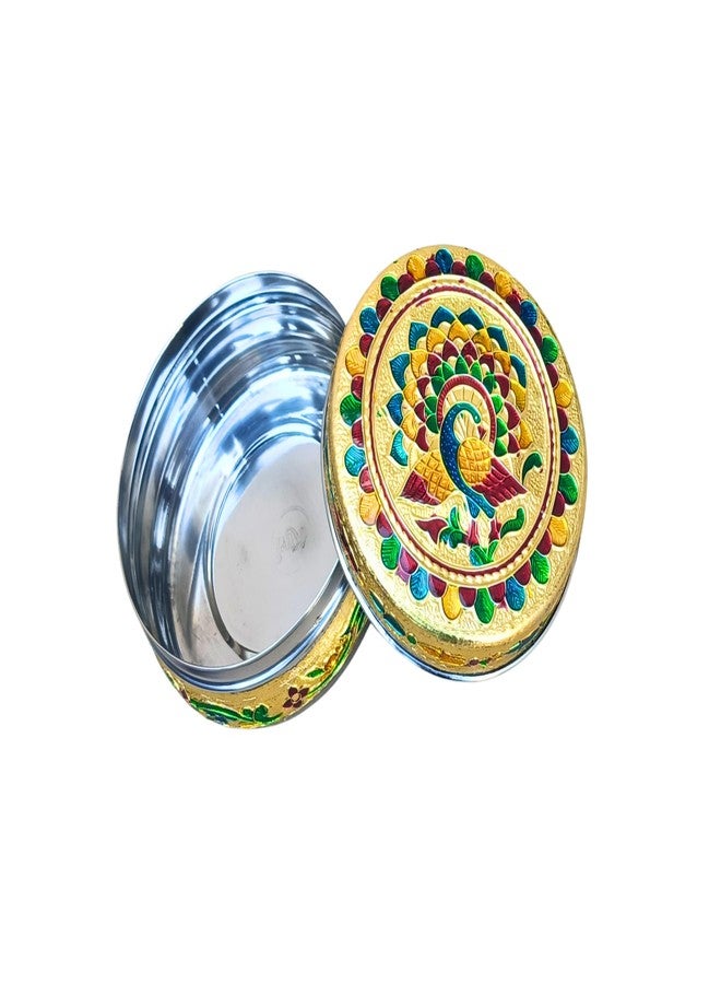 CRAFTS WORLD Handicrafted Stainless Steel Dabba Container Meenakari Decorative Oxidized Storage Box/Chapati Roti Box for Serving Dryfruit Chocolate/Marriage Festival Gift (Peacock) (Pack Of 1) - Image 3