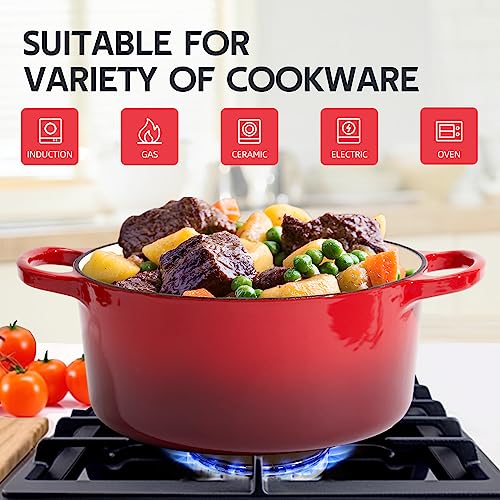 Alathote 6 Quart Dutch Oven Enameled Cast Iron with Lid - Big Dual Handles - Oven Safe up to 500°F - Classic Round Pot for Versatile Cooking (Red, 6 QT) - Image 3