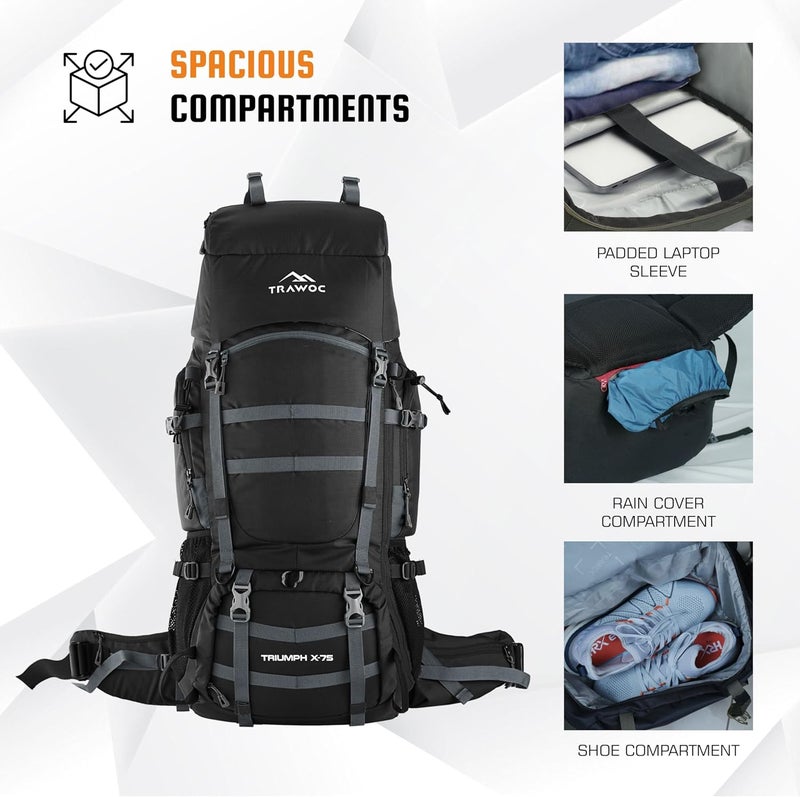 Trawoc TRIUMPH X 75 L Camping Backpack Trekking Hiking Ruckssack Travel Bag Front & Top Loading Laptop/Rain Cover/Shoe Compartment - Image 4
